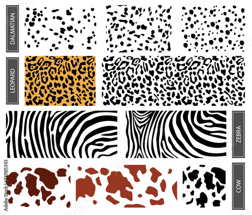Set dalmatian, leopard and cow pattern print texture repeating. Seamless pattern of dalmatian, leopard spots. horizontal backdrop, brown chaotic spots isolated on white.