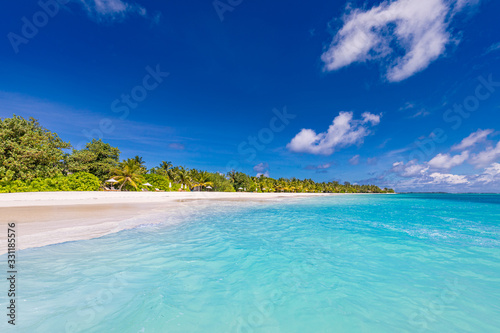Rajska plaża na Malediwach. Idealna tropikalna wyspa. Piękne palmy i tropikalna plaża. Nastrojowe błękitne niebo i błękitna laguna. Luksusowy podróż wakacje letni tła pojęcie.
