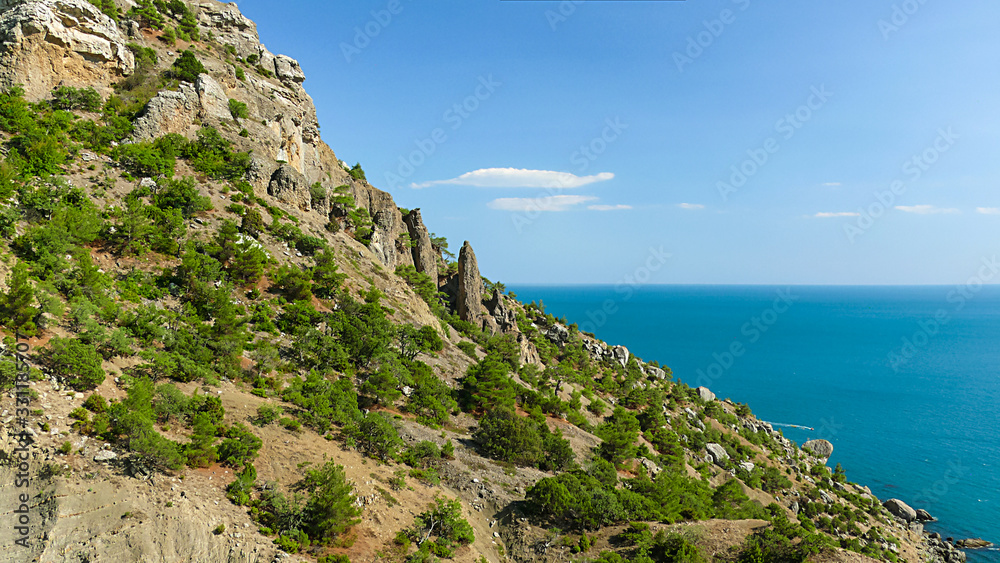 Crimea landscape with juniper trees rocks and sea