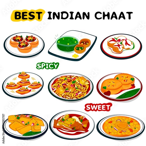 Indian chaat and indian street Food Vector like pani puri,Bhel Puri,sev puri,Bhalla Papdi,Aloo Chaat,Aloo Tikki,Dahi puri,Ragda Patties,Dahi Vada,Samosa Chaat