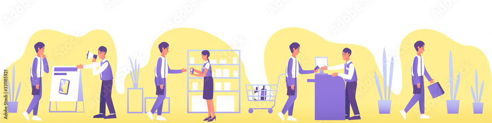 Modern travel buyer men, great design for any purposes. Business people. Happy shopper. Customer journey concept. Customer service concept. Retail concept. Flat vector illustration. Modern travel buyer men, great design for any purposes. Business people. Happy shopper. Customer journey concept. Customer service concept. Retail concept. Flat vector illustration.