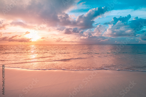 Sea sand sky concept, sunset colors clouds, horizon, horizontal background banner. Inspirational nature landscape, beautiful colors, wonderful scenery of tropical beach. Beach sunset, summer vacation