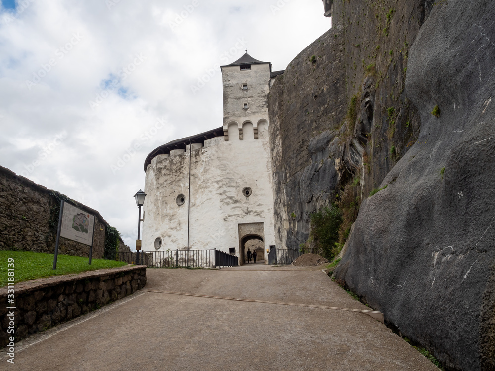 Salzburg, Austria - Oct 10th, 2019: Hohensalzburg Fortress sits atop the Festungsberg, a small hill in the Austrian city of Salzburg.