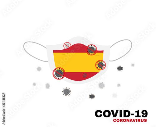 Medical face mask with symbol of the Spain to protect Spainish people from coronavirus or Covid-19, virus outbreak protection concept, sign symbol background, vector illustration.