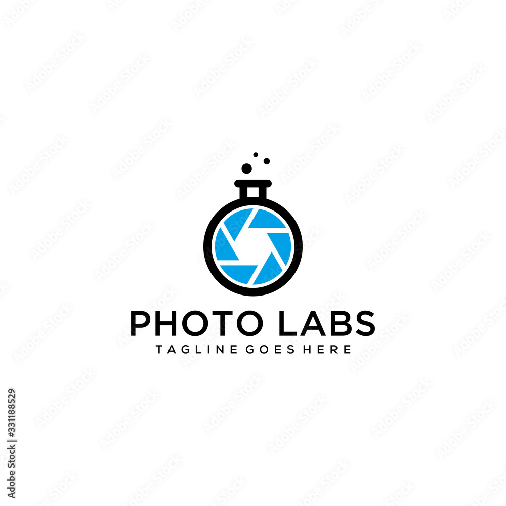 Creative abstract labs with lens photography sign logo design icon template. 