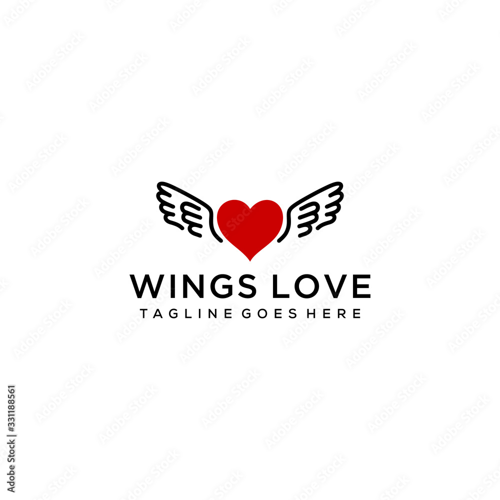Creative flying love with wings logo design Vector sign illustration template.