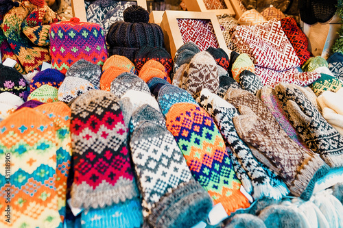 Colorful woolen mittens Riga Christmas Market © Roman Babakin