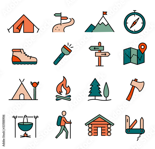 Hiking, Camping Icons