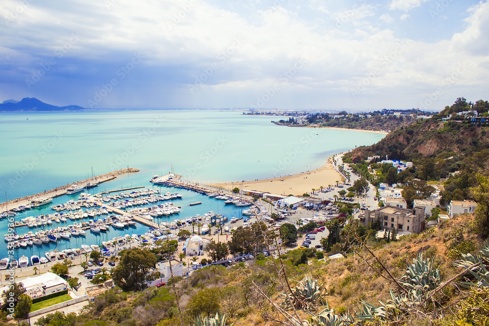 Panoramic view of seaside in Sidi Bou Said, Tunisia, North Africa