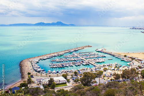 Panoramic view of seaside in Sidi Bou Said, Tunisia, North Africa photo