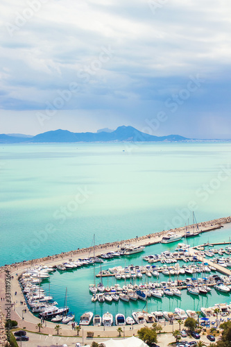 Panoramic view on the The Gulf of Tunis and Boukornine mountain near Sidi Bou Said, Tunisia photo