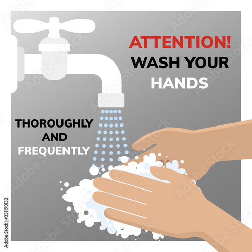 Wash hands poster. Precautions against the virus. Vector illustration.