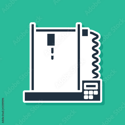 Blue 3D printer icon isolated on green background. Vector Illustration