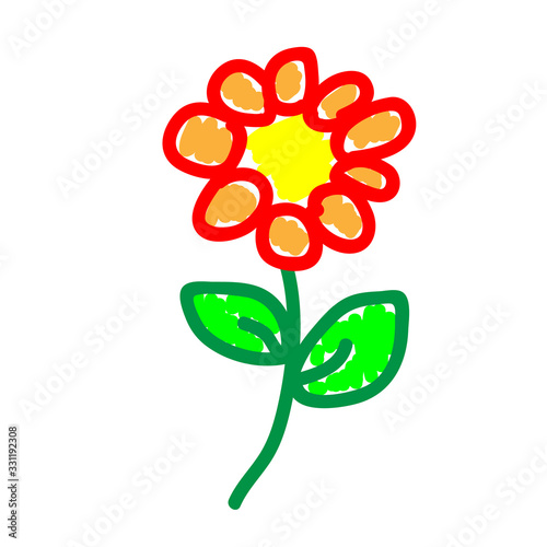 Flowers in a deliberately childish style. Imitation child drawing. Kid sketch, painting felt-tip pen or marker. Kid painted, handmade craft isolated on white background. Vector illustration