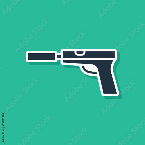 Blue Pistol or gun with silencer icon isolated on green background. Vector Illustration