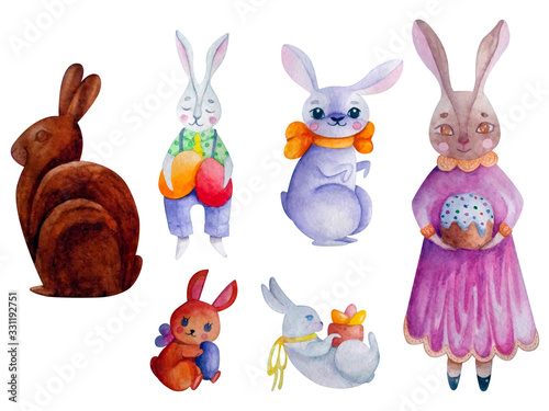Easter bunnies. Cute bunny characters. Isolated watercolor stylized figures for decorative and design implementation. Rabbits in different poses with eggs and easter cake. Chocolate bunny. 