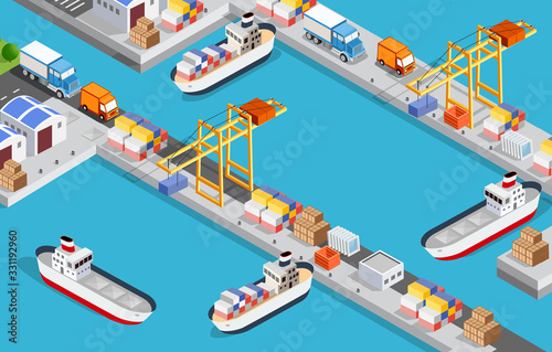 Isometric City industrial port with transport boat 3D illustration