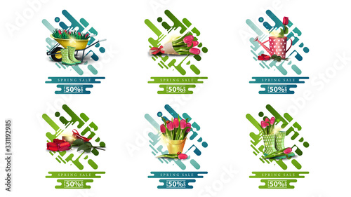 Spring sale, up to 50% off, large collection discount pop ups in liquid abstract style with spring icons isolated on white background. Green and blue spring discount banner