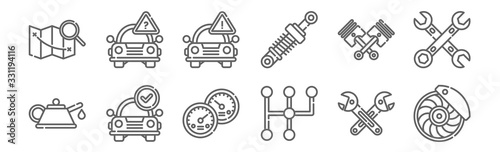 set of 12 car garage icons. outline thin line icons such as disc brake, gearshift, car, pistons, warning, car