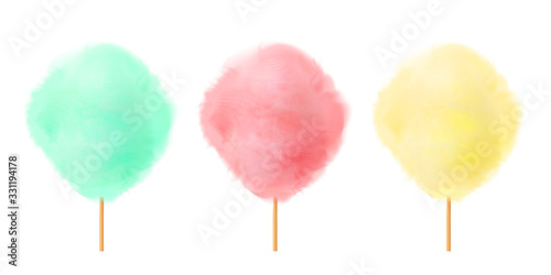 Cotton candy set. Realistic green pink yellow cotton candies on wooden sticks. Summer tasty and sweet snack for children. 3d vector realistic illustration isolated on white background