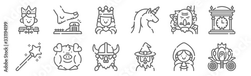 set of 12 fairytale icons. outline thin line icons such as pumpkin carriage, wizard, pig, giant, queen, giant