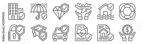 set of 12 insurance icons. outline thin line icons such as money, life insurance, mortarboard, flood, diamond, umbrella