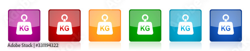 Weight, kg, kilogram icon set, colorful square glossy vector illustrations in 6 options for web design and mobile applications