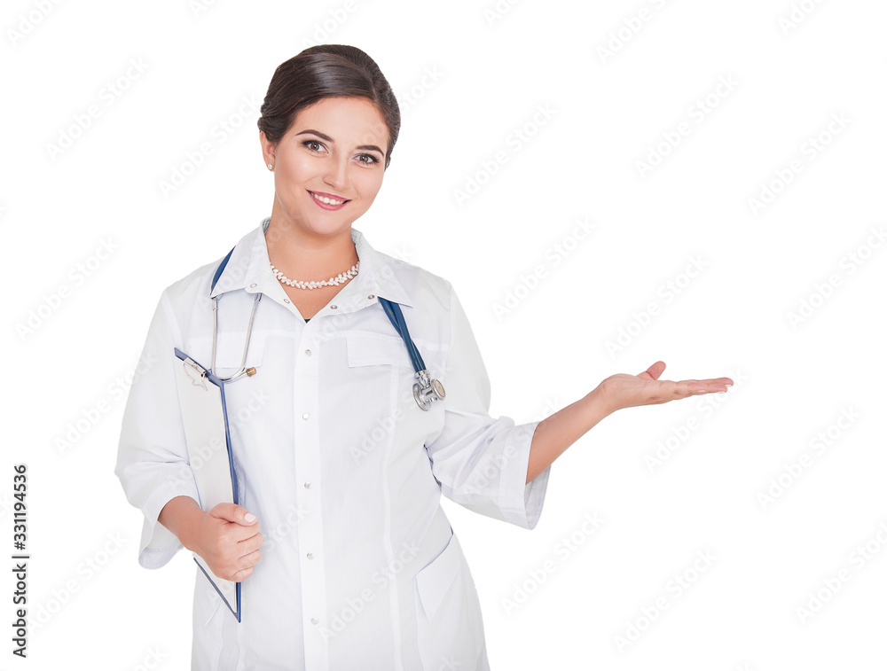 Beautiful smiling woman doctor showing Empty hand isolated on white Beautiful smiling woman doctor showing Empty hand isolated on white