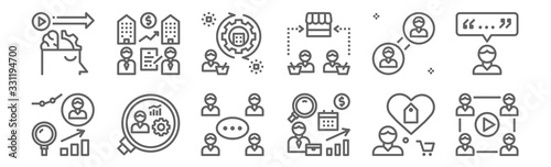 set of 12 customer engagement icons. outline thin line icons such as media, marketing, magnifying glass, interaction, building, acquire