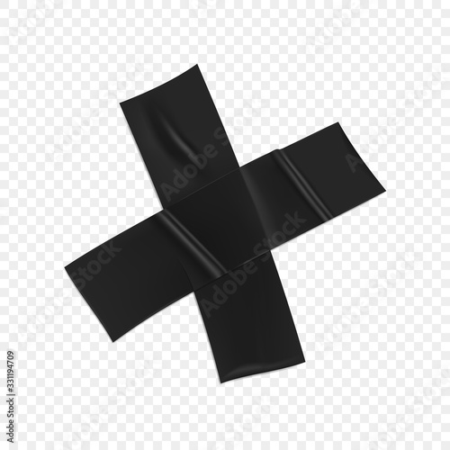 Black duct tape cross. Realistic black adhesive tape cross for fixing isolated on transparent background. Scotch cross. Realistic 3d vector illustration