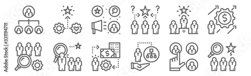 set of 12 recruitment icons. outline thin line icons such as people, recruitment, recruiter, leadership, advertise, process