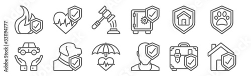 set of 12 insurance icons. outline thin line icons such as home insurance, user, pet insurance, life auction, life