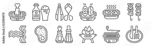 set of 12 bbq and grill icons. outline thin line icons such as cutlery, grill, steak, electric grill, tongs, beverage