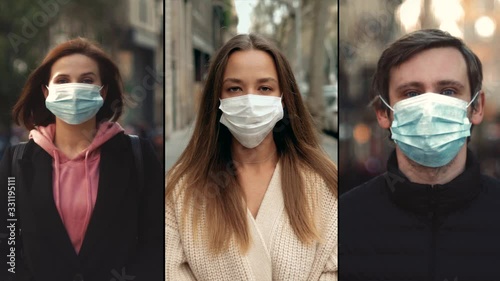 Group of people in masks, collage citizens Virus mask on street wearing face protection in prevention for coronavirus covid 19. public space on quarantine photo