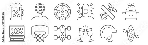 set of 12 hobbies icons. outline thin line icons such as kayak, drinking, hoop, light aircraft, film reel, golf