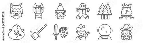set of 12 fairytale icons. outline thin line icons such as musketeer, robin hood, broom, forest, elf, tower