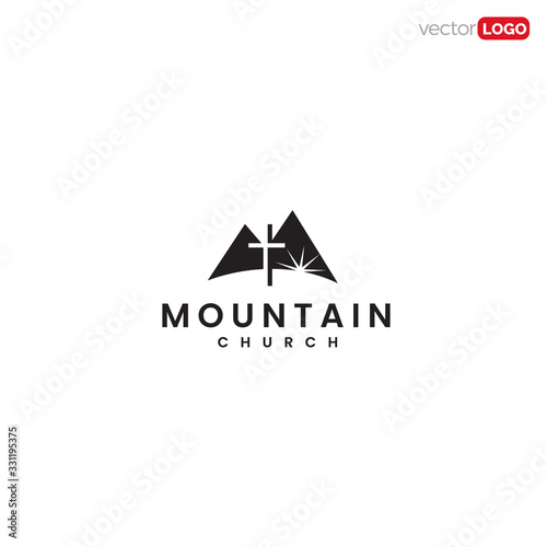 mountain with cross and sunrise or light. mountain church icon/symbol/Logo Design Vector Template Illustration