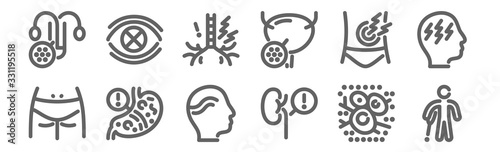 set of 12 disease icons. outline thin line icons such as crutch, kidney, stomach, pain, throat, sight
