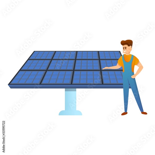 Engineer and solar panel icon. Cartoon of engineer and solar panel vector icon for web design isolated on white background