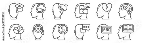 set of 12 human mind icons. outline thin line icons such as study, dialogue, observation, broken heart, calm, dreaming