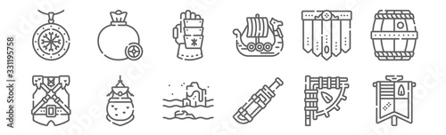set of 12 viking icons. outline thin line icons such as pennant, dagger, pouch, skirt, glove, money