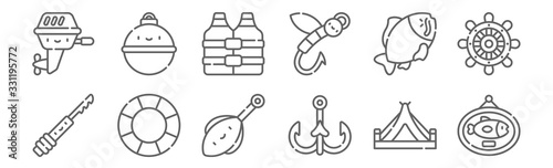 set of 12 fishing icons. outline thin line icons such as fishing trophy, fishing hook, lifebuoy, carp, life jacket, buoy