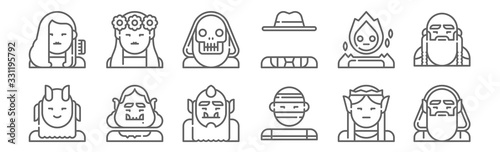 set of 12 fantastic characters icons. outline thin line icons such as wizard, mummy, ogre, spirit, lich, nymph