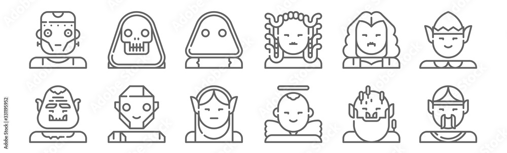 set of 12 fantastic characters icons. outline thin line icons such as genie, angel, giant, vampire, wraith, death - obrazy, fototapety, plakaty 