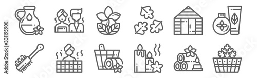 set of 12 sauna icons. outline thin line icons such as bucket, candle, sauna, sauna, lotus,