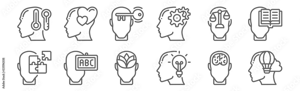 set of 12 human mind icons. outline thin line icons such as imagination, idea, knowledge, law, open mind, in love - obrazy, fototapety, plakaty 