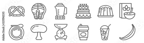 set of 12 gastronomy collection icons. outline thin line icons such as banana, coffee, mushroom, pudding, mixer, salmon