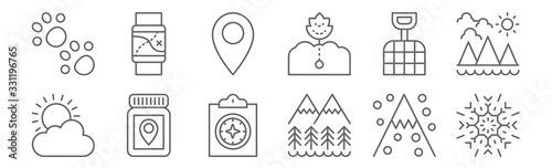 set of 12 geography icons. outline thin line icons such as snowflake, mountains, medicine, shovel, pin, gps