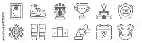 set of 12 hockey icons. outline thin line icons such as shoulder pads, air hockey, socks, tournament, goalkeeper, ice skates