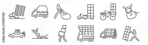set of 12 overweight delivery icons. outline thin line icons such as delivery man, lorry, drunk, bike, postman, truck